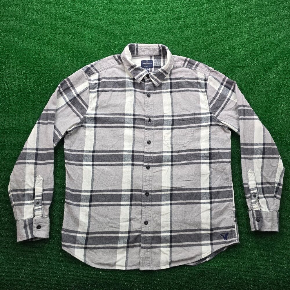 American Eagle Flannel Shirt Mens XL Gray Plaid Button Up Long‎ Sleeve Outdoors